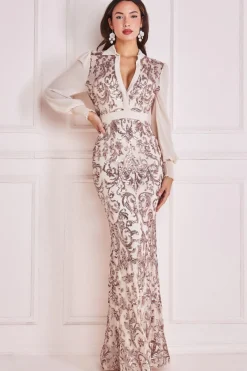 Women * Sequin Mesh Shirt Maxi Chiffon Sleeves