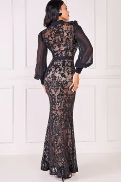 Women * Sequin Mesh Shirt Maxi Chiffon Sleeves