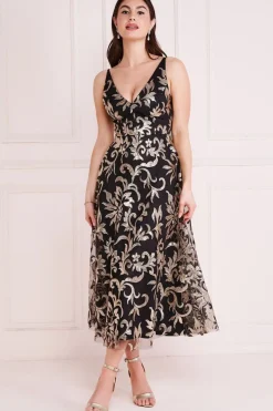Women * Sequin Mesh V-Neck Flared Skirt Midi