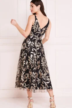 Women * Sequin Mesh V-Neck Flared Skirt Midi