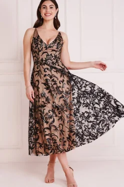 Women * Sequin Mesh V-Neck Flared Skirt Midi