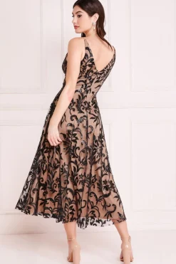 Women * Sequin Mesh V-Neck Flared Skirt Midi