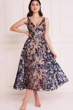 Women * Sequin Mesh V-Neck Flared Skirt Midi