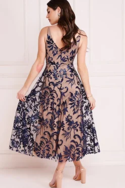 Women * Sequin Mesh V-Neck Flared Skirt Midi