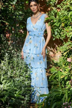 Women * Tiered Chiffon Floral Maxi - Powder Blue