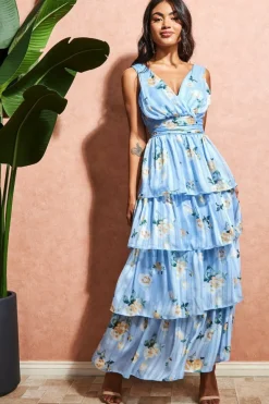 Women * Tiered Chiffon Floral Maxi - Powder Blue