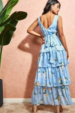 Women * Tiered Chiffon Floral Maxi - Powder Blue