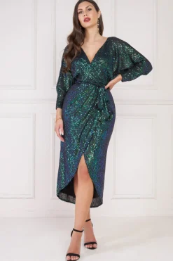 Women * Wrap Style Sequin Midi Dress