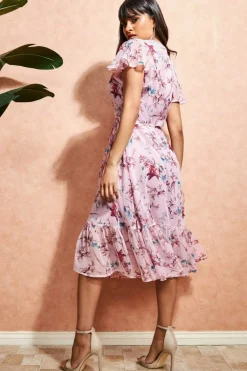 Women City Goddess Wrap Flutter Sleeve Floral Midi Dress