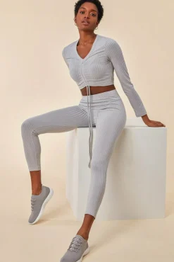 Women Cosmochic Ribbed Drawstring Crop Top With Leggings Set