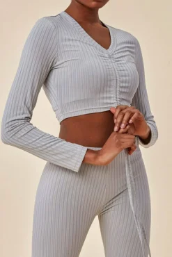 Women Cosmochic Ribbed Drawstring Crop Top With Leggings Set