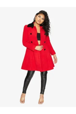 Women De La Creme Fashions Double Breast Velvet Trim Skater Coat