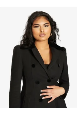 Women De La Creme Fashions Double Breast Velvet Trim Skater Coat