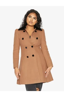 Women De La Creme Fashions Double Breast Velvet Trim Skater Coat