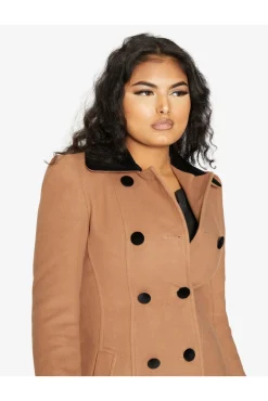 Women De La Creme Fashions Double Breast Velvet Trim Skater Coat