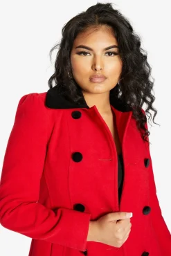Women De La Creme Fashions Double Breast Velvet Trim Skater Coat