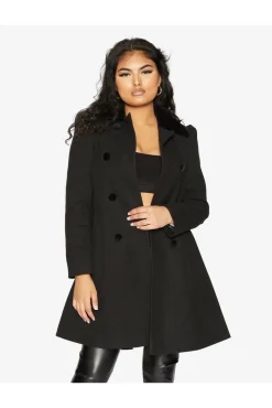 Women De La Creme Fashions Double Breast Velvet Trim Skater Coat