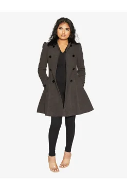 Women De La Creme Fashions Double Breast Velvet Trim Skater Coat
