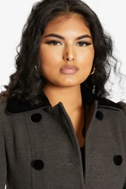 Women De La Creme Fashions Double Breast Velvet Trim Skater Coat