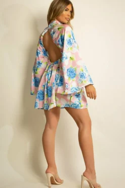Women De La Creme Fashions Floral Satin Open Back Skater Dress