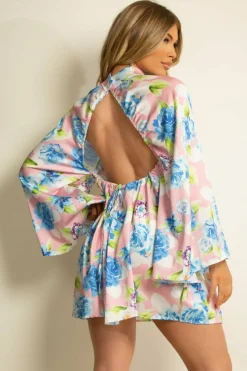 Women De La Creme Fashions Floral Satin Open Back Skater Dress