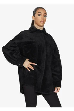 Women De La Creme Fashions Oversized Patch Pocket Borg Shacket