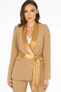 Women De La Creme Fashions Tailo Belted Blazer With Satin Lapel