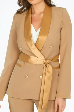 Women De La Creme Fashions Tailo Belted Blazer With Satin Lapel