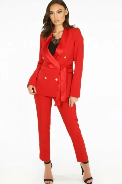 Women De La Creme Fashions Tailo Belted Blazer With Satin Lapel