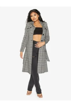 Women De La Creme Fashions Wool Blend Check Military Duster Coat