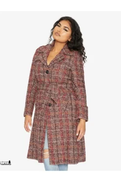 Women De La Creme Fashions Wool Blend Check Military Duster Coat