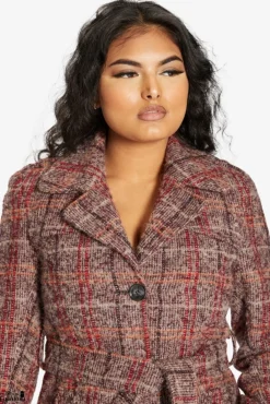 Women De La Creme Fashions Wool Blend Check Military Duster Coat