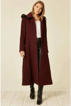 Women De La Creme Fashions Wool Blend Faux Fur Trim Hood Long Coat