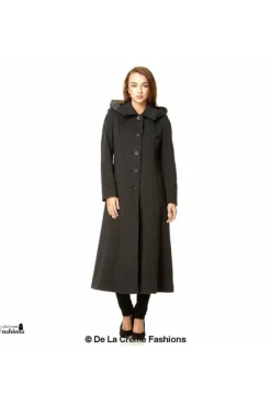 Women De La Creme Fashions Wool Blend Faux Fur Trim Hood Long Coat