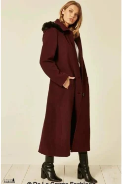 Women De La Creme Fashions Wool Blend Faux Fur Trim Hood Long Coat