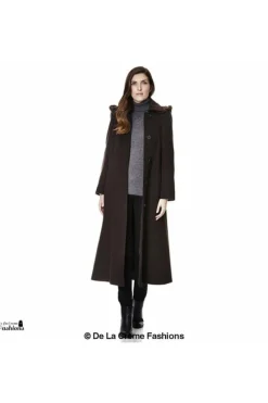 Women De La Creme Fashions Wool Blend Faux Fur Trim Hood Long Coat