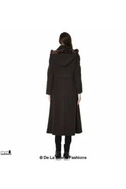 Women De La Creme Fashions Wool Blend Faux Fur Trim Hood Long Coat
