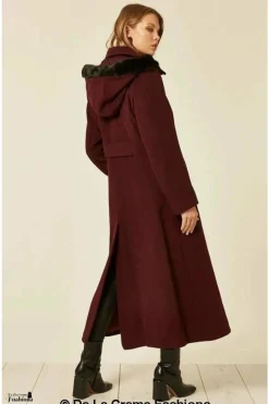 Women De La Creme Fashions Wool Blend Faux Fur Trim Hood Long Coat