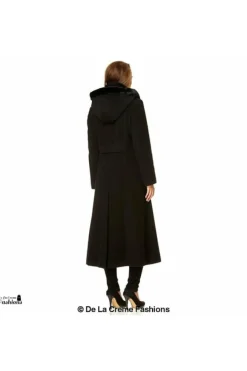 Women De La Creme Fashions Wool Blend Faux Fur Trim Hood Long Coat