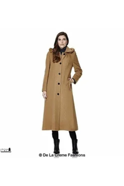 Women De La Creme Fashions Wool Blend Faux Fur Trim Hood Long Coat