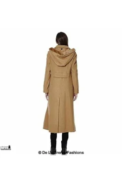 Women De La Creme Fashions Wool Blend Faux Fur Trim Hood Long Coat