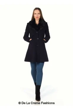 Women De La Creme Fashions Wool Blend Faux Fur Collar Midi Coat