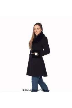 Women De La Creme Fashions Wool Blend Faux Fur Collar Midi Coat