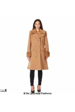 Women De La Creme Fashions Wool Blend Faux Fur Trim Midi Coat