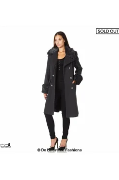Women De La Creme Fashions Wool Blend Faux Fur Trim Midi Coat