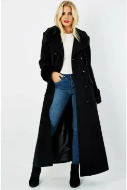 Women De La Creme Fashions Wool Blend Faux Fur Trim Maxi Coat