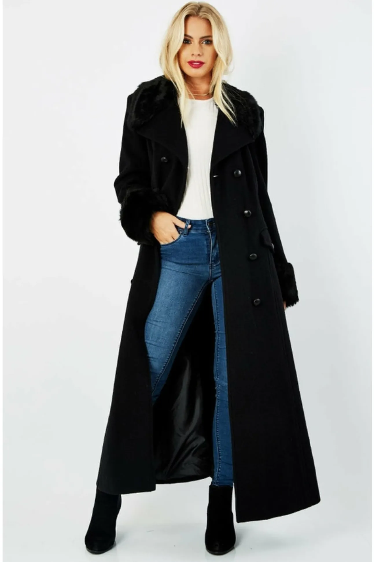 Women De La Creme Fashions Wool Blend Faux Fur Trim Maxi Coat
