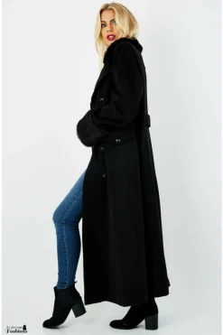 Women De La Creme Fashions Wool Blend Faux Fur Trim Maxi Coat