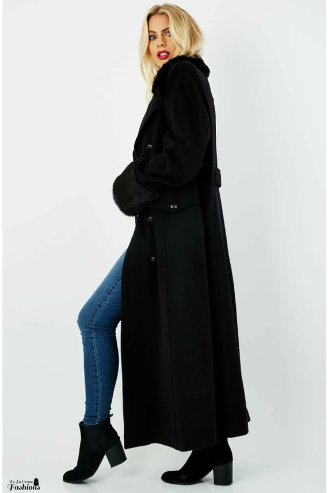 Women De La Creme Fashions Wool Blend Faux Fur Trim Maxi Coat