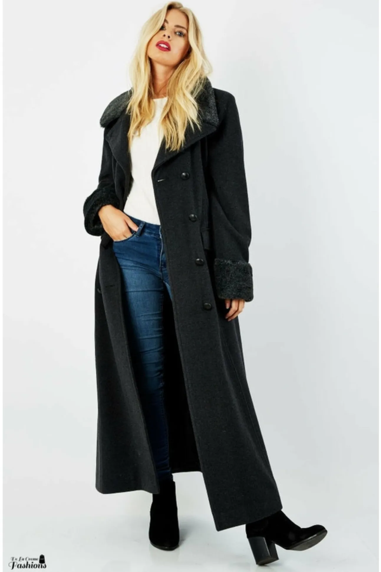 Women De La Creme Fashions Wool Blend Faux Fur Trim Maxi Coat
